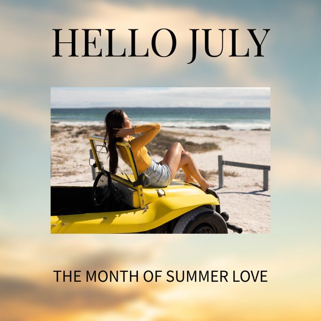 Composition of hello july text over caucasian woman relaxing on beach in summer. Summer, seaside, relaxing and vacation concept digitally generated image.