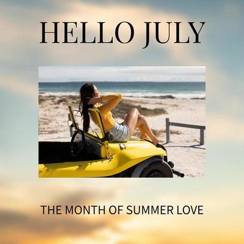 Composition of hello july text over caucasian woman relaxing on beach in summer. Summer, seaside, relaxing and vacation concept digitally generated image.