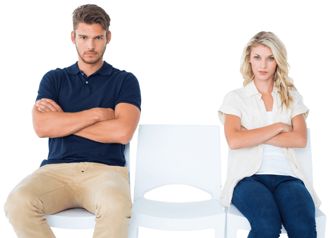 Couple Sitting Apart with Arms Crossed on Transparent Background