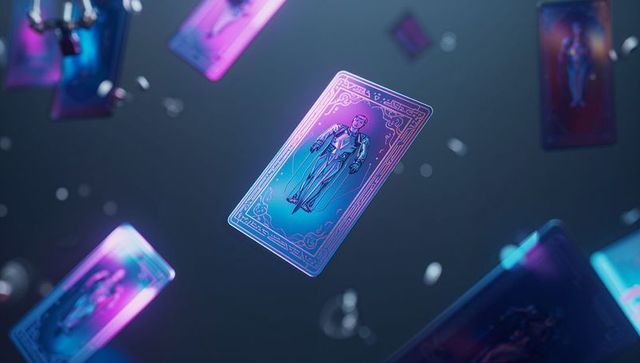 Floating Neon Playing Card with Glowing Particles in Digital Space
