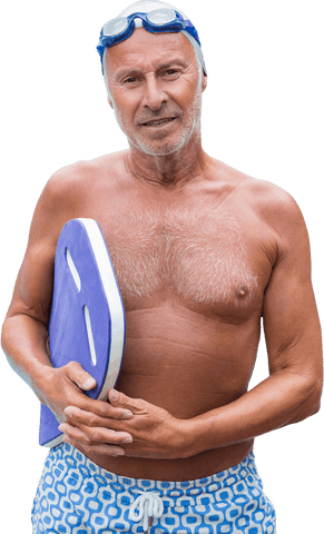 Elderly swimmer holding transparent blue kickboard