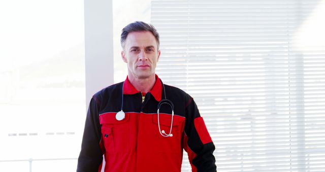 Confident Medical Professional in Red Uniform with Stethoscope - Download Free Stock Images Pikwizard.com