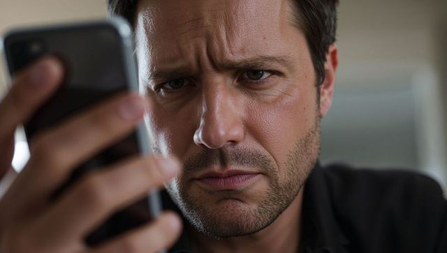 Intense man holding smartphone frowning at screen close-up portrait of concern moody light