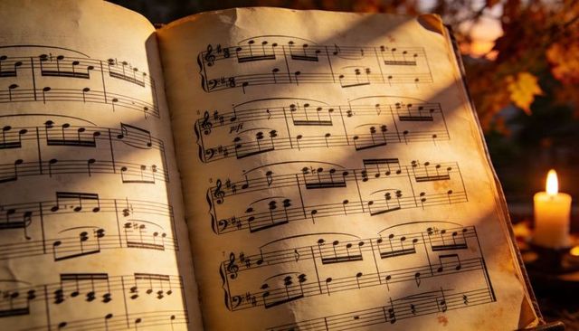 Vintage sheet music book lit by candlelight with autumn leaves on rustic wooden table
