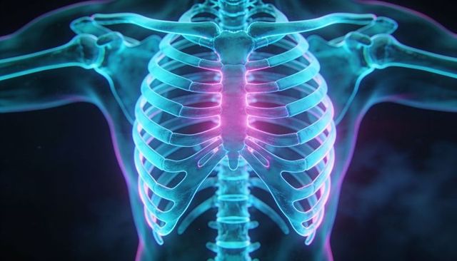 Neon glowing rib cage and sternum highlighting thoracic anatomy with cyan and magenta light