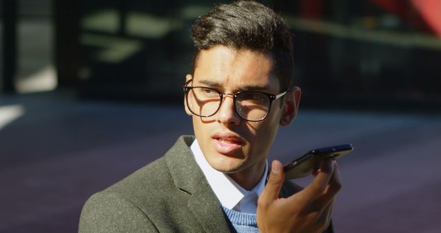 Young professional man in business attire communicating using smartphone in outdoor setting. Ideal for concepts like business communication, modern technology, entrepreneurship, and professional lifestyle.