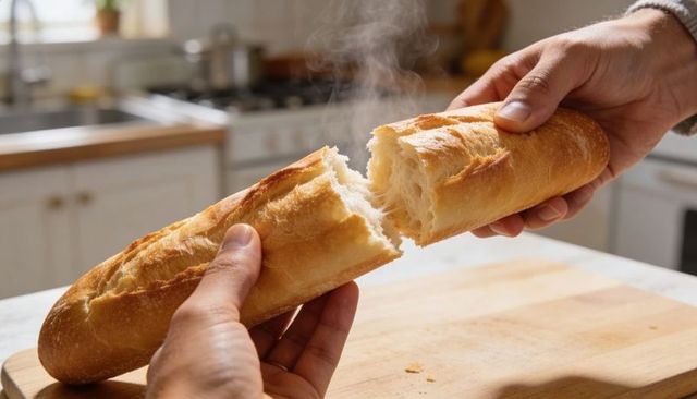 Hands breaking steaming baguette on cutting board, crusty loaf emitting warm aroma