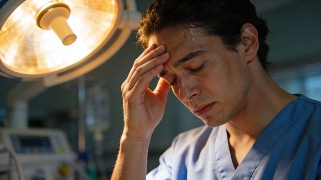 Fatigued surgeon pausing under surgical light after long operating shift
