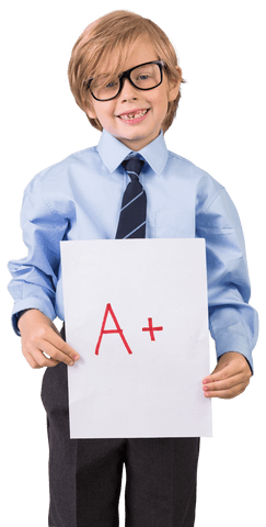 Happy young schoolboy holding a+ paper transparent background