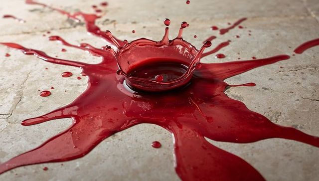 Crimson liquid forming crown-shaped splash on beige stone tile with suspended glossy droplets