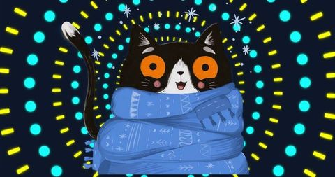 Whimsical Black and White Cat in Blue Scarf, Digital Cosmic Art