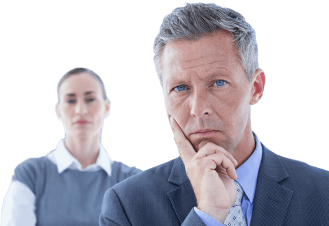Transparent Thoughtful Businessman with Colleague on White Background