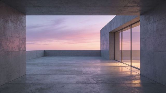 Framing rooftop terrace with polished concrete, sliding glass doors reflecting pastel sunset