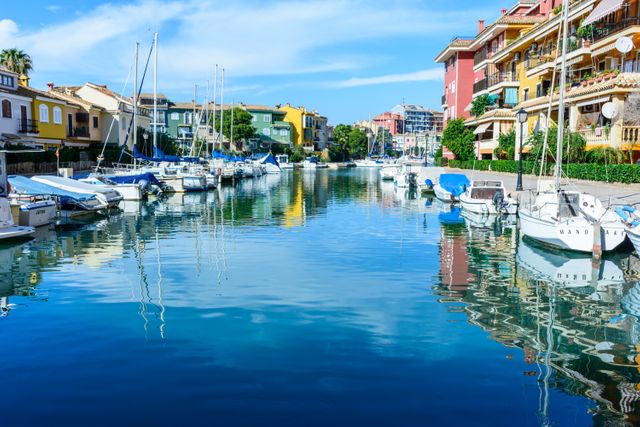 Tranquil harbor with boats moored along calm water and colorful buildings reflected in clear blue sky. Ideal for travel brochures, vacation advertising, coastal town promotions, nautical-themed projects, and tourism websites.