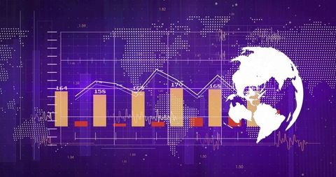 Global data analytics dashboard showing bar and line charts over purple world grid