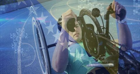 Adaptive athlete powering handcycle with futuristic hud and american flag overlay