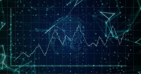Displaying global data analytics dashboard with jagged waveform intersecting dotted globe