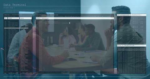 Discussing team of seven wearing business-casual around boardroom table with cybersecurity terminal 