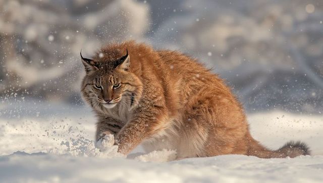 Eurasian lynx pouncing through deep powder snow in winter forest, snow spray