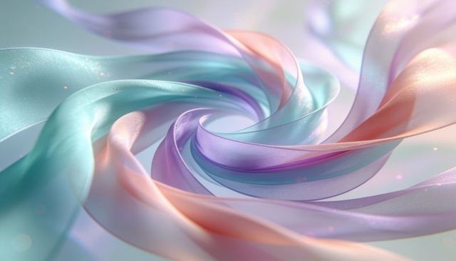 Iridescent pastel ribbons spiraling toward central vortex with soft sparkle glow