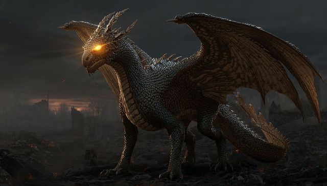 Mythical Dragon with Molten Eye Gaze in Charred Environs