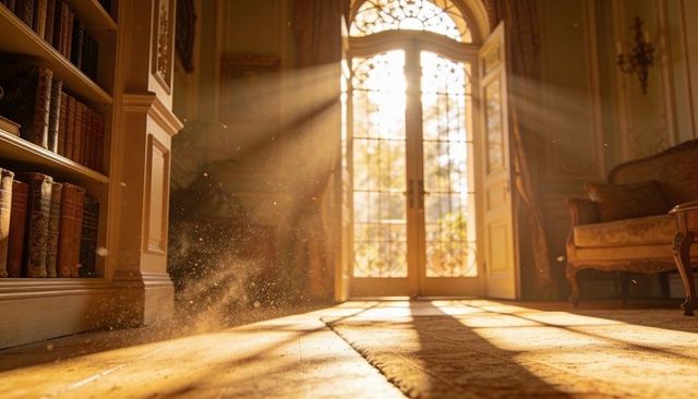 Golden sunbeams pouring through arched glass door in period library highlighting dust motes