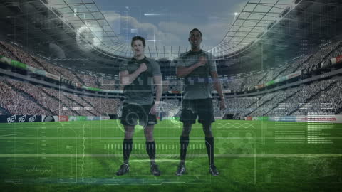 Rugby Players Surrounded by Digital Data Panels on Stadium Field