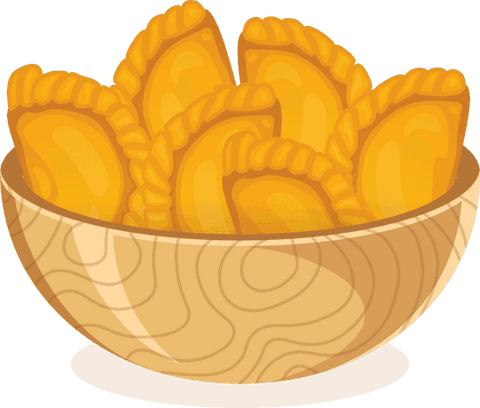Golden Dumplings in Rustic Wooden Bowl on Transparent Background