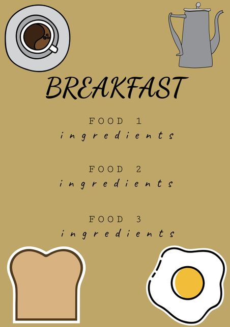 Versatile breakfast menu template featuring fun illustrations of coffee, fried egg, toast, and a coffee pot. Ideal for creating personalized menus for cafes, restaurants, food blogs, and brunch events. The minimalistic design makes it easy to customize with your unique breakfast items and ingredients. Perfect for both digital and print use, this template provides a playful yet professional touch to your meal presentations.