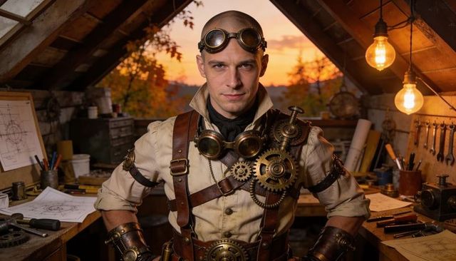 Steampunk inventor standing in attic workshop wearing brass gear harness at sunset