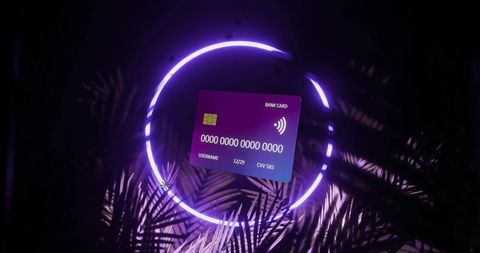 Futuristic Bank Card with Neon Lights and Palm Leaves Underlining Digital Finance