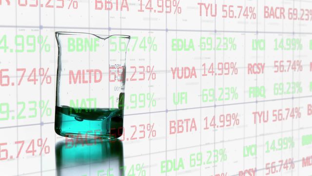 Blue liquid swirling in a laboratory beaker set against a backdrop of projected financial data, highlighting concepts of scientific research and technological investment. Useful for presentations on the intersection of finance and scientific research, educational materials about laboratory experiments, and technology or finance-related content.