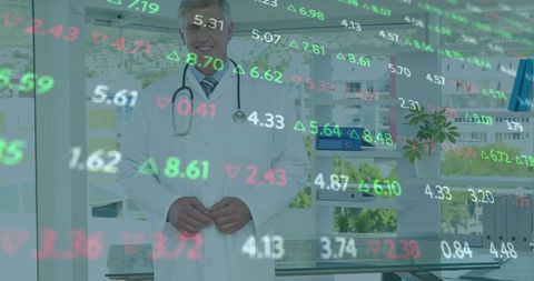 Smiling Doctor with Stock Market Data Overlay in Hospital Setting