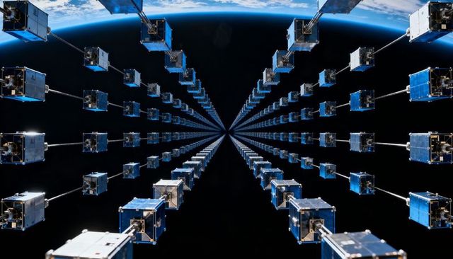 Symmetrical cubesat constellation forming radial array above earth for leo communications