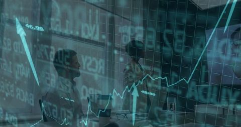 Business team analyzing increasing finance chart trend in conference room