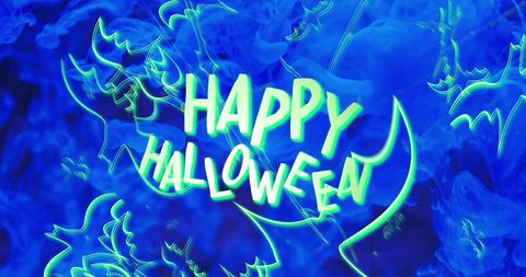 Futuristic Happy Halloween Glowing Text with Bats