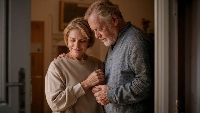 Senior couple holding hands at doorway sharing tender moment of warmth and support