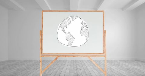 Hand-drawn globe on interactive whiteboard in minimalist room