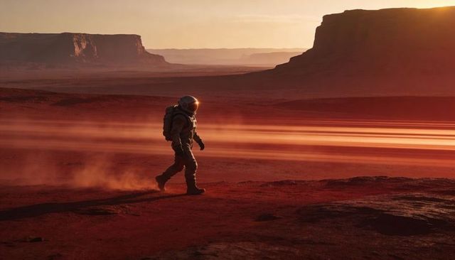 Walking astronaut across mars-like red desert at low sun with visor glow and dust trail