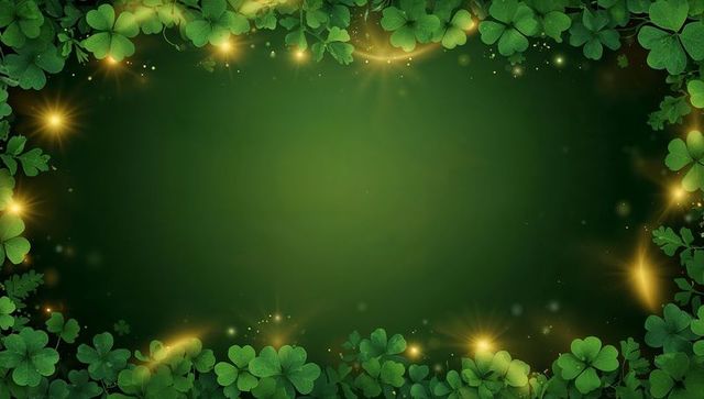 Framing shamrock border with golden sparkles and green vignette for St Patrick's Day