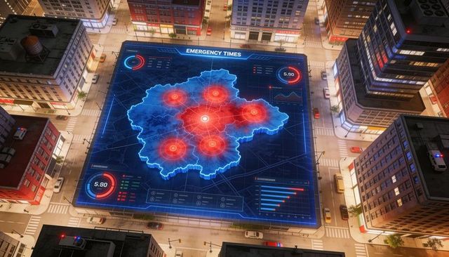 Holographic emergency response map projecting real-time incident hotspots over urban block