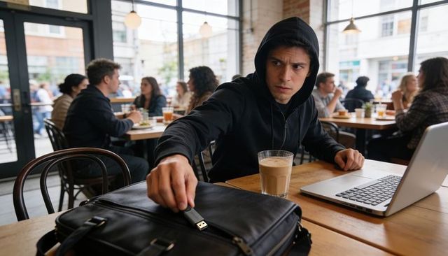 Hooded man removing usb flash drive from briefcase at busy urban coffeehouse