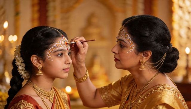 Indian mother painting ceremonial forehead mandala on daughter during hindu puja