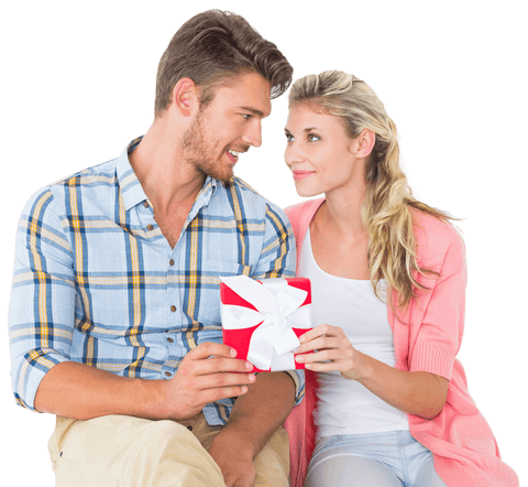 Caucasian Couple Embracing Gift for Celebration on Transparent Background