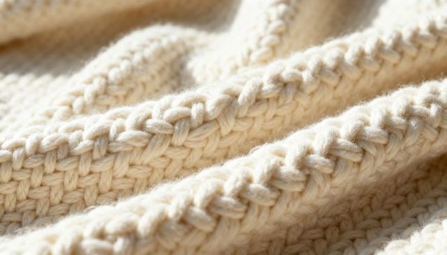 Cream cable knit texture showing braided ribs, seed stitch and soft wool yarn detail, macro