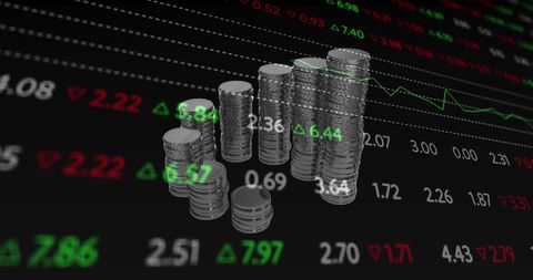 Financial growth concept with coin stacks on digital display