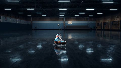 Colorful retro ice skate reflecting on glossy empty arena floor under fluorescent lights