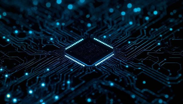 Futuristic microprocessor circuit board with neon-blue lighting