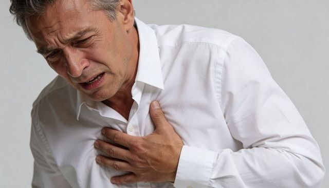 Middle-aged man clutching chest, grimacing in pain, heart attack symptom concept