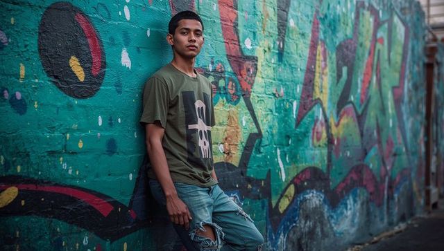 Young Male Leaning Against Graffiti Wall in Urban Alley